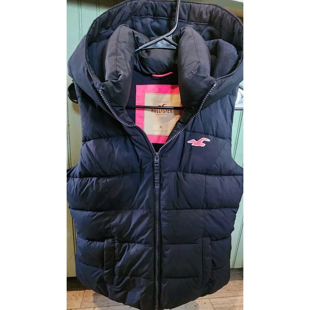 Hollister Hooded Puff Vest Insulated Women M Y2K Navy Blue Pink Logo Full Zip